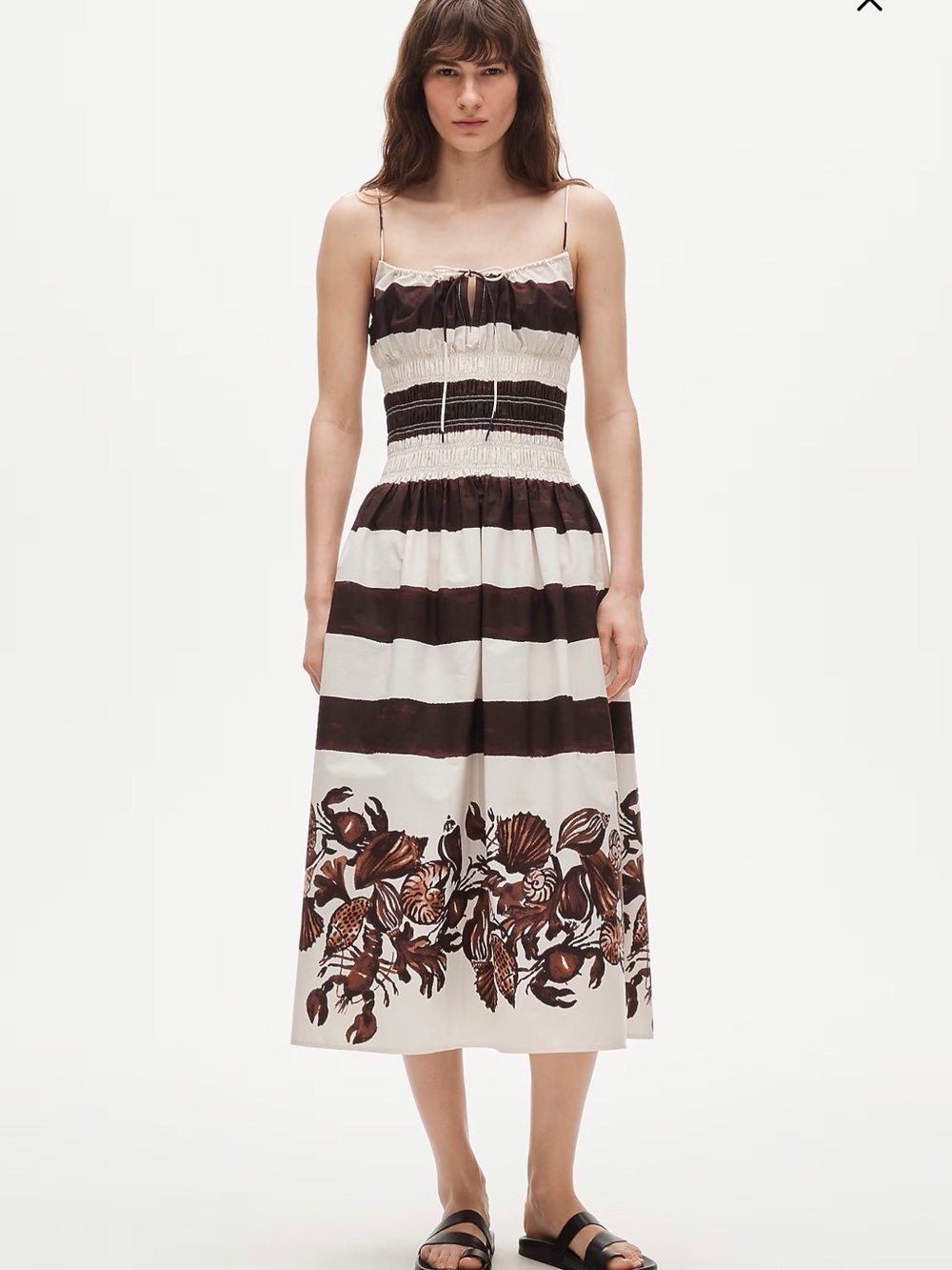 J. Crew Brown and Cream Striped Smocked Midi Dress with Botanical Border